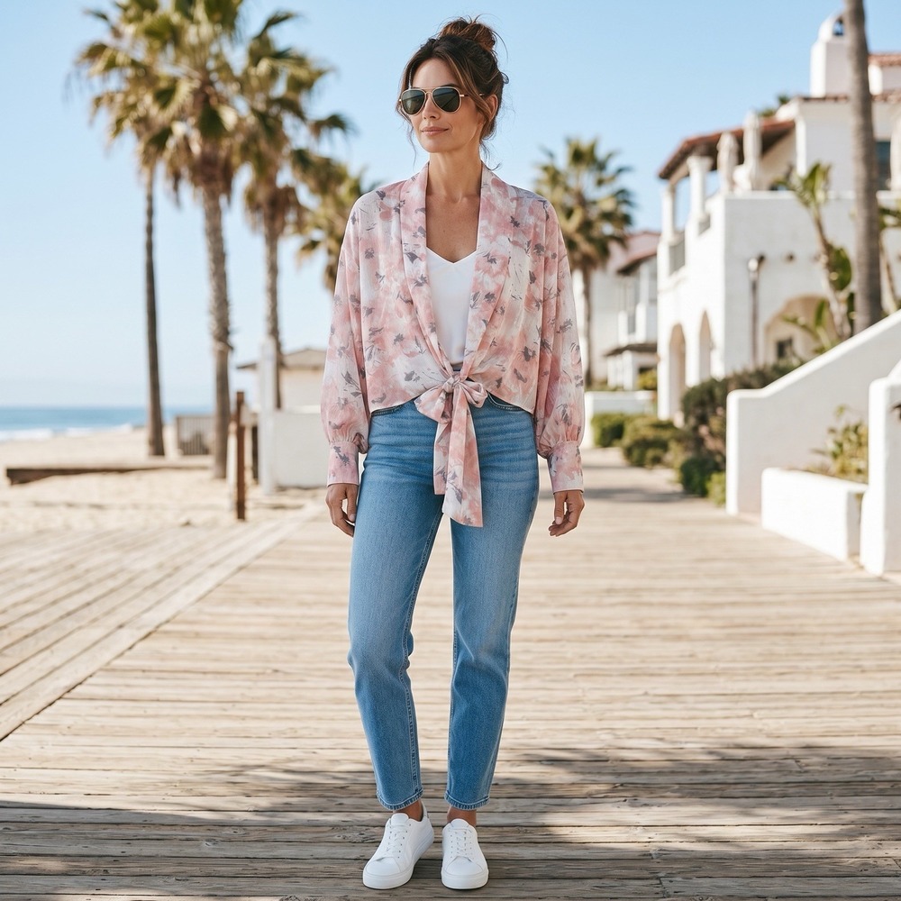 Final Touch Sheer Floral Kimono Medium Pink Gray Tie Front Boho Layering Top